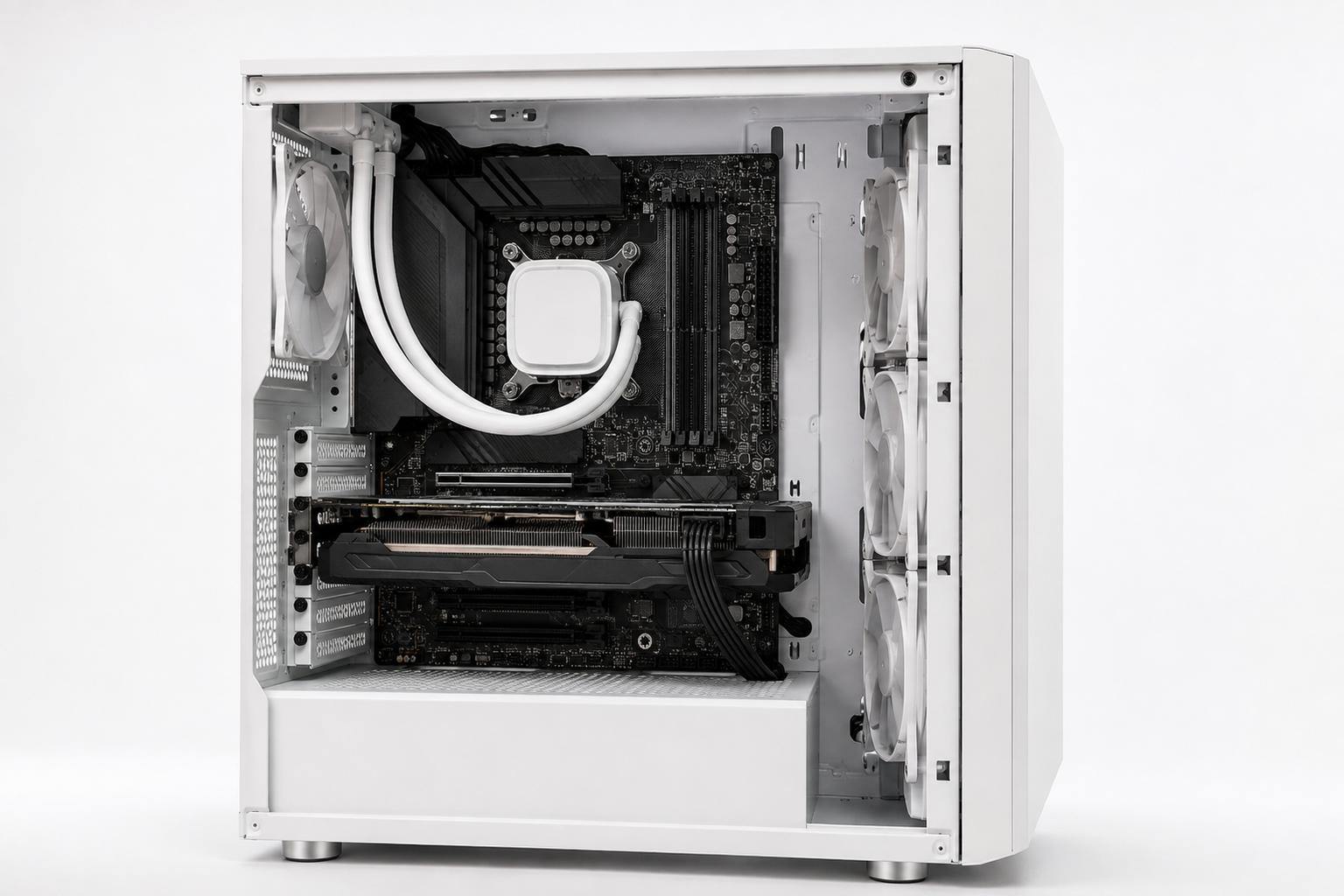 Open white gaming PC with empty DDR5 memory slots